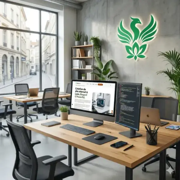 Poste de travail de l'agence Kayzen à Lyon 9e : écran affichant du code React et une maquette d'interface